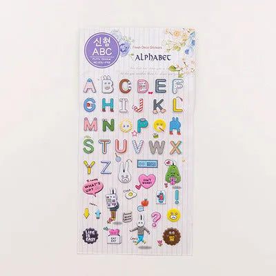 Sheet of cartoon-themed three-dimensional bubble stickers with raised surfaces on various designs like an alpaca, dinosaur, and bow tie cat.