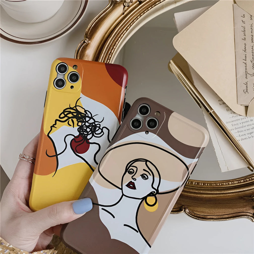 Orange yellow cartoon line drawing iPhone protective case with soft gel material for multiple iPhone models