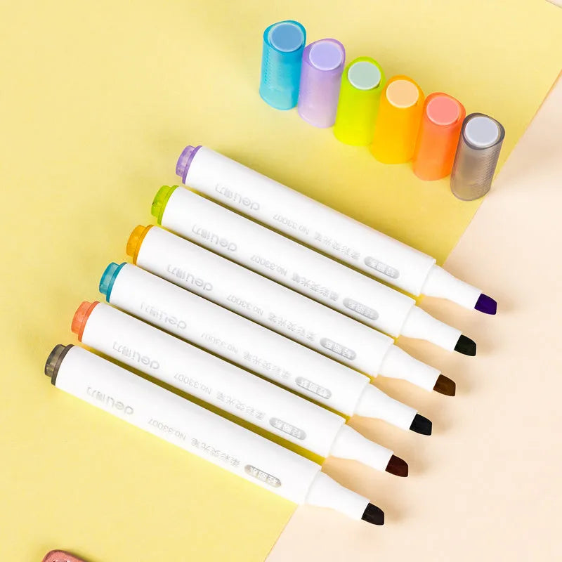 Deli S605 oblique tip highlighter pens in Macaron, Crystal, and Dark colour sets for student notes