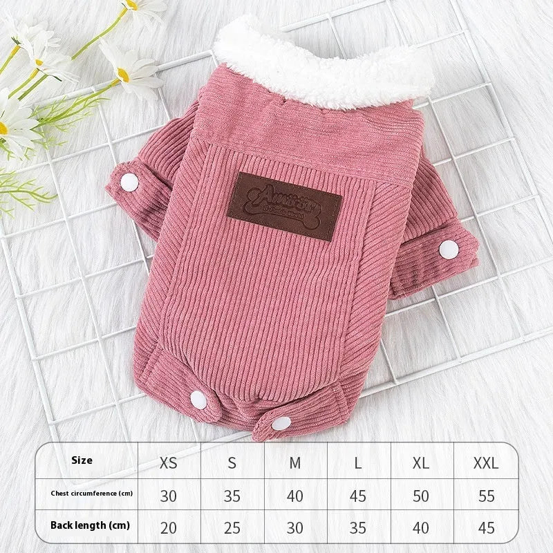 Lambswool grey fleece-lined padded vest for a dog, showing the wool lining and size label.