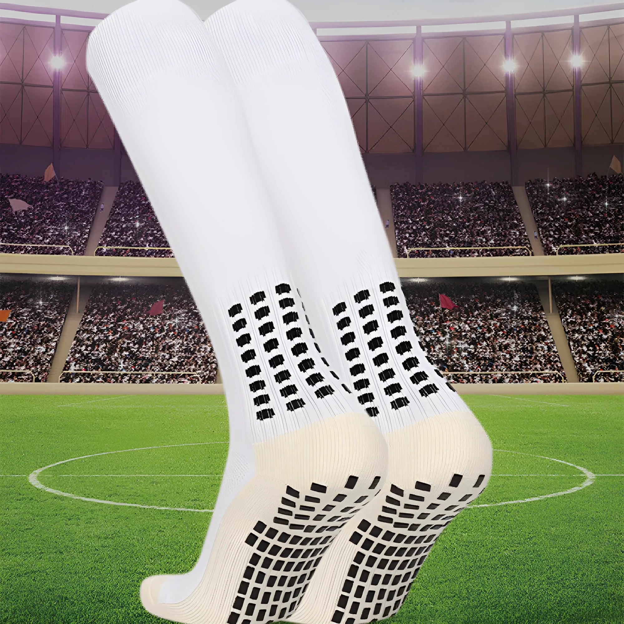 Solid colour polyester football socks in long tube style with multiple colour options including black, white, red, and green.