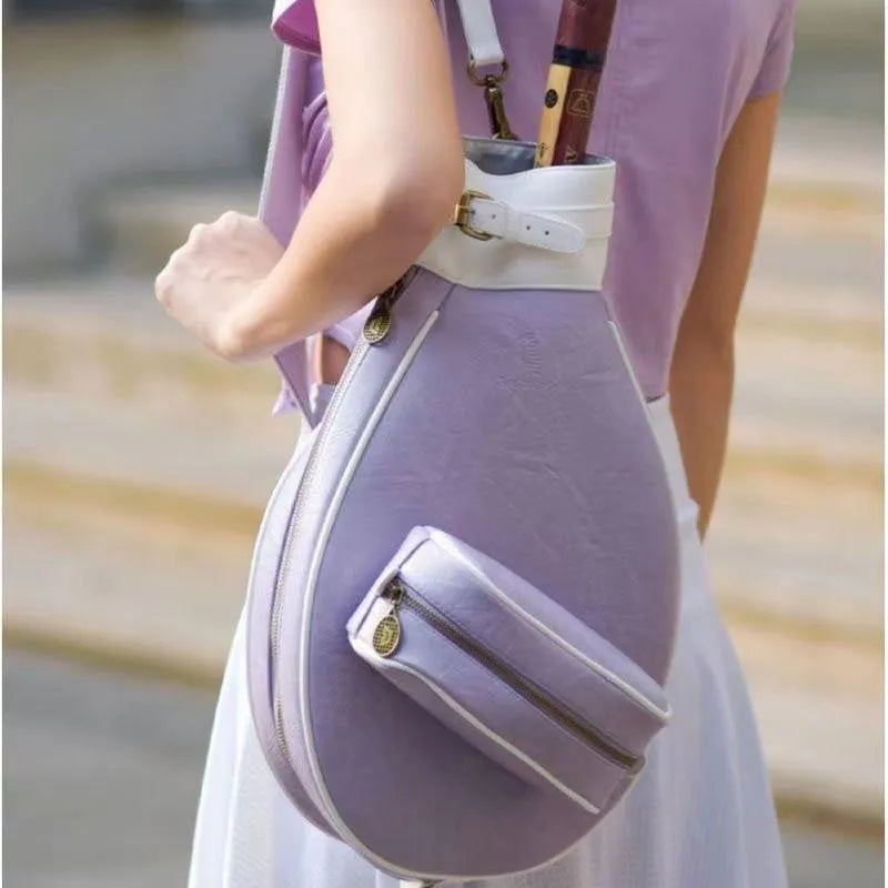 Women's retro style leather one-shoulder badminton bag shown in multiple colour options.