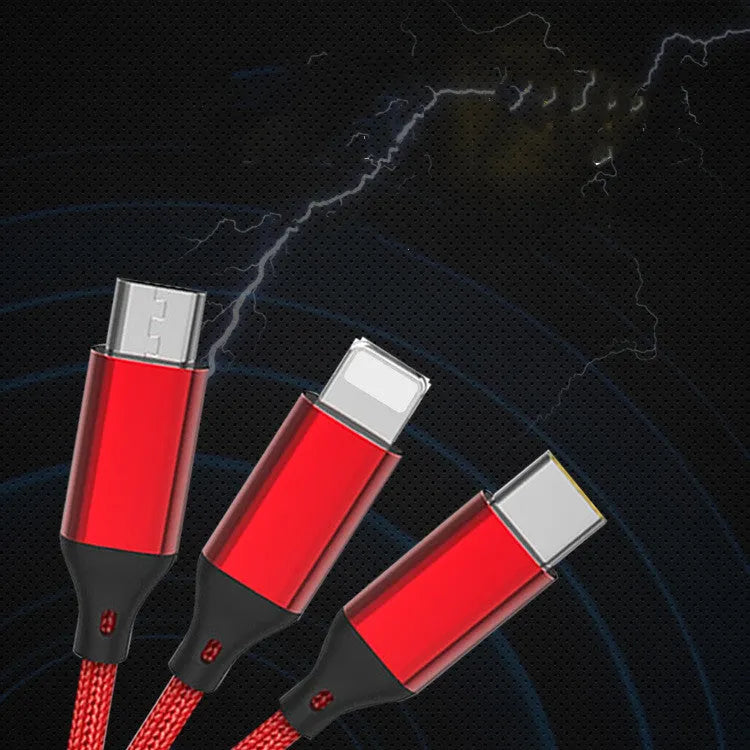 Three-in-one 1.2 metre charging cable with nylon braiding in multiple colour options