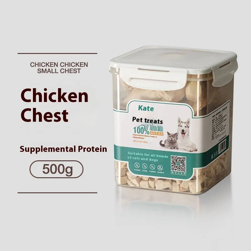 Freeze-dried chicken cat snacks in 500g pack showing nuggets in bagged or barrel packaging options