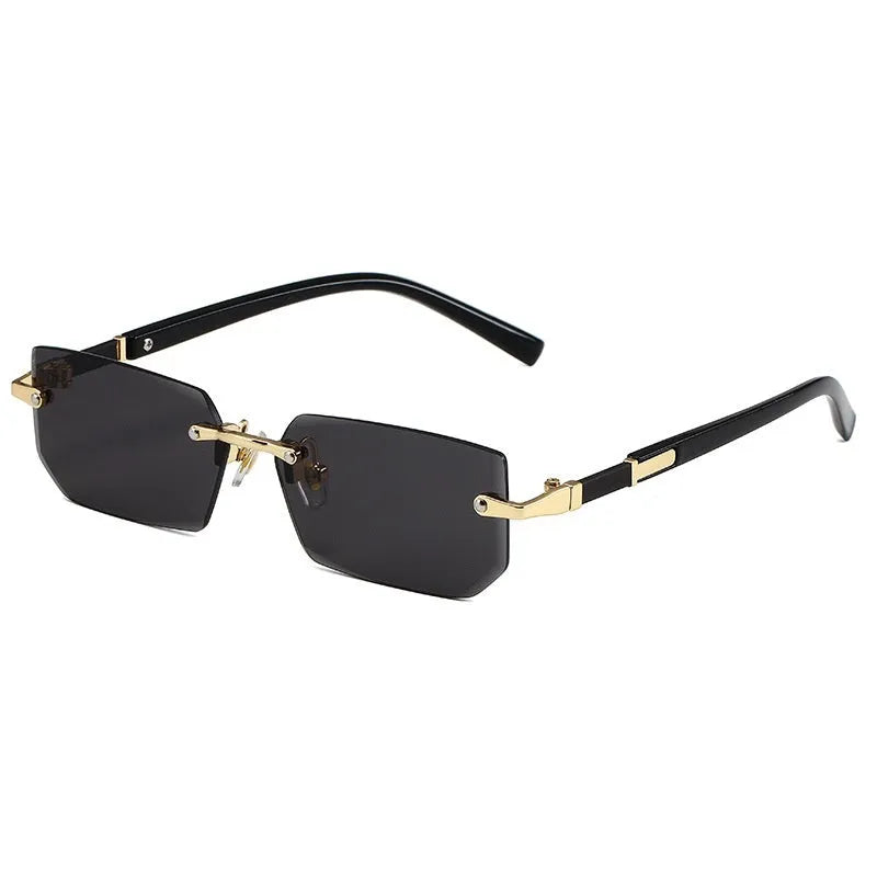 Women's rimless sun glasses with gold frame and brown lens, asymmetric design