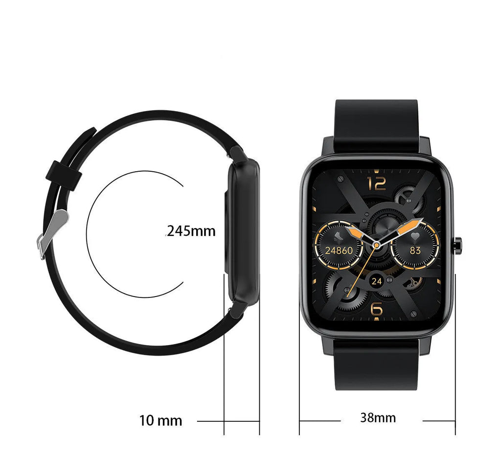 H80 smart watch in black with a 1.69-inch screen showing heart rate and ECG data on the wrist.