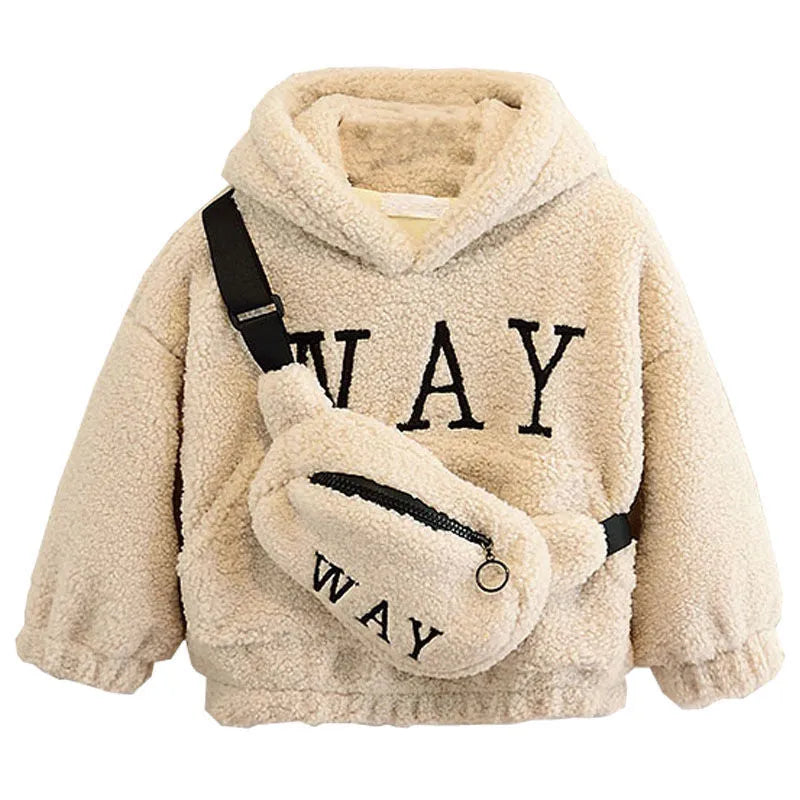 Children's hooded fleece jacket with cartoon design in beige, green, or orange colours