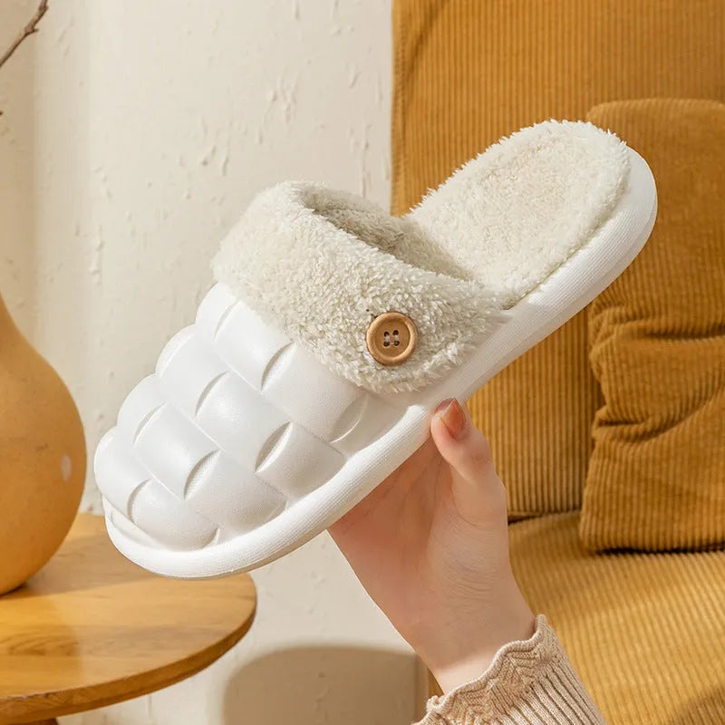 Pink and green plaid detachable slippers with a plush lining and textured EVA sole.