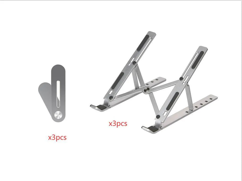 Silver aluminium alloy cooling folding computer stand for laptops under 16 inches on a desk
