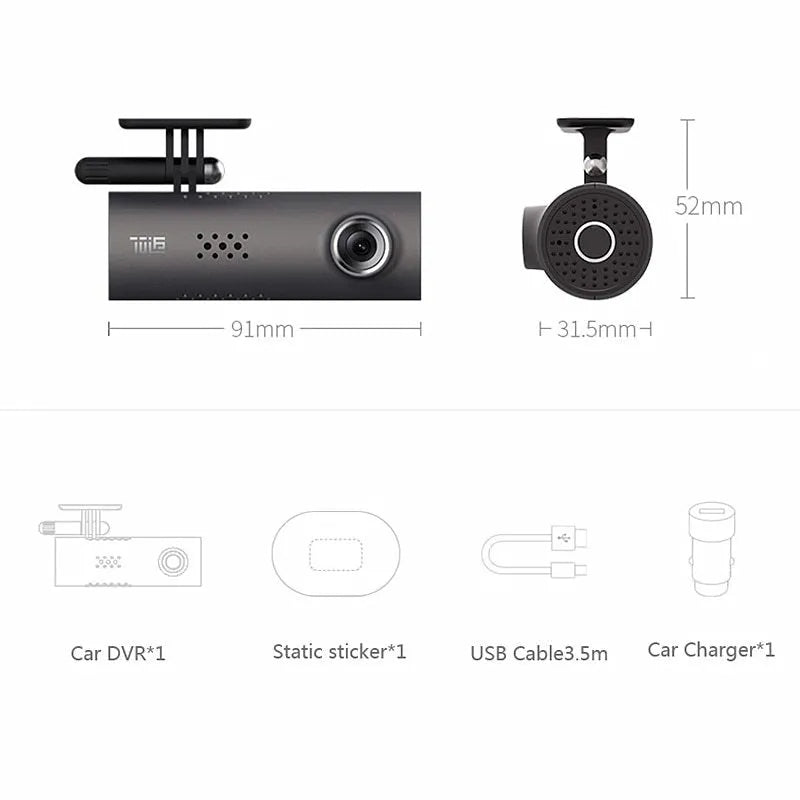 Car dashcam with smart WiFi DVR, 1080P Full HD, voice control, and 130-degree wide-angle lens