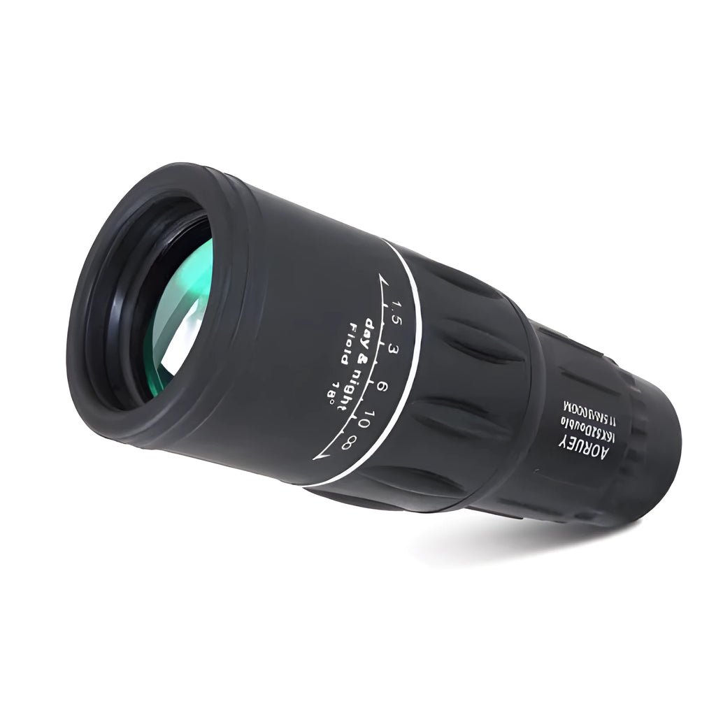 Black 16x52 high-power monocular with 52mm objective lens and eyepiece focus ring.