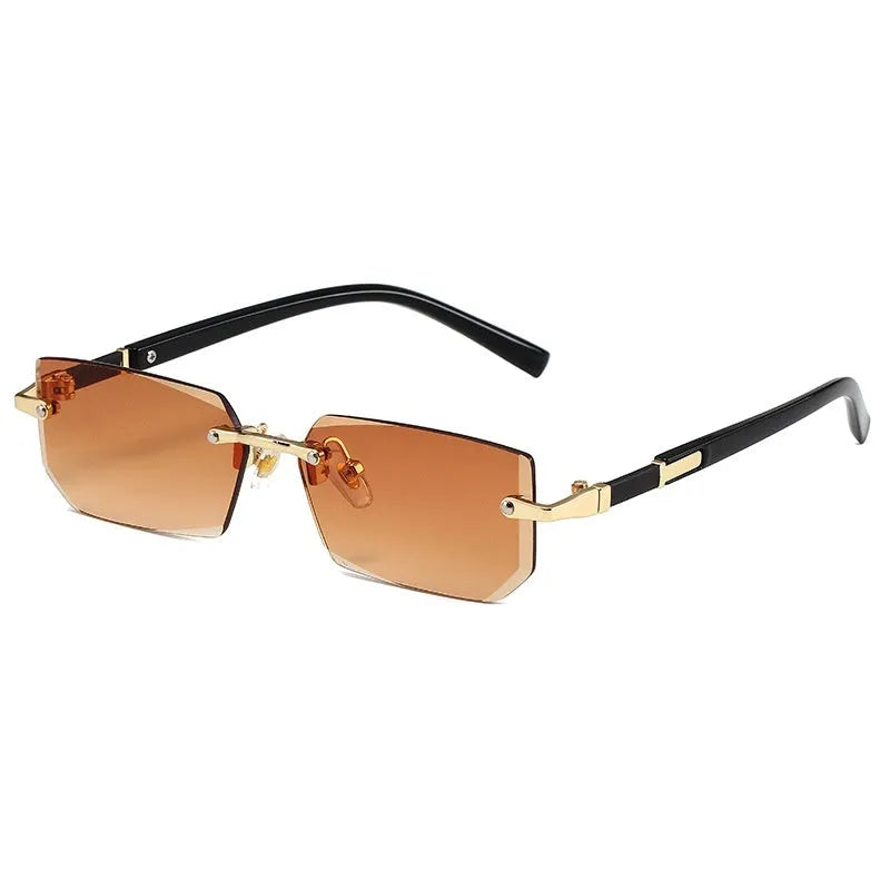 Women's rimless sun glasses with gold frame and brown lens, asymmetric design
