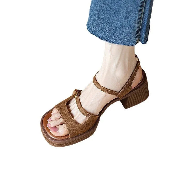 Women's beige retro platform sandals with open square toe and rubber sole.