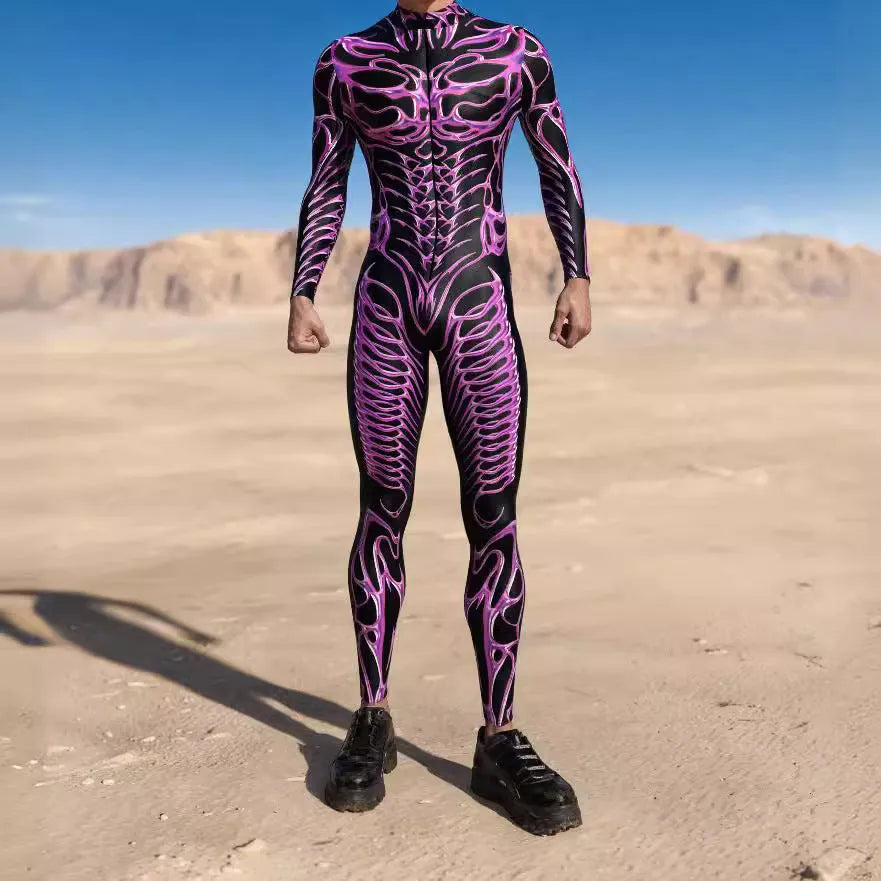 3D digital print Halloween cosplay jumpsuit in street hipster style on a model, spandex blend one-piece costume