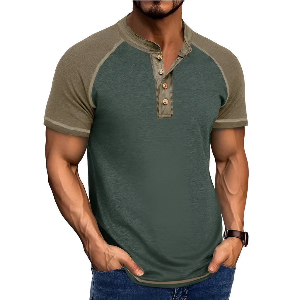 Men's solid colour short sleeve pullover top with raglan sleeves in a cotton blend fabric.