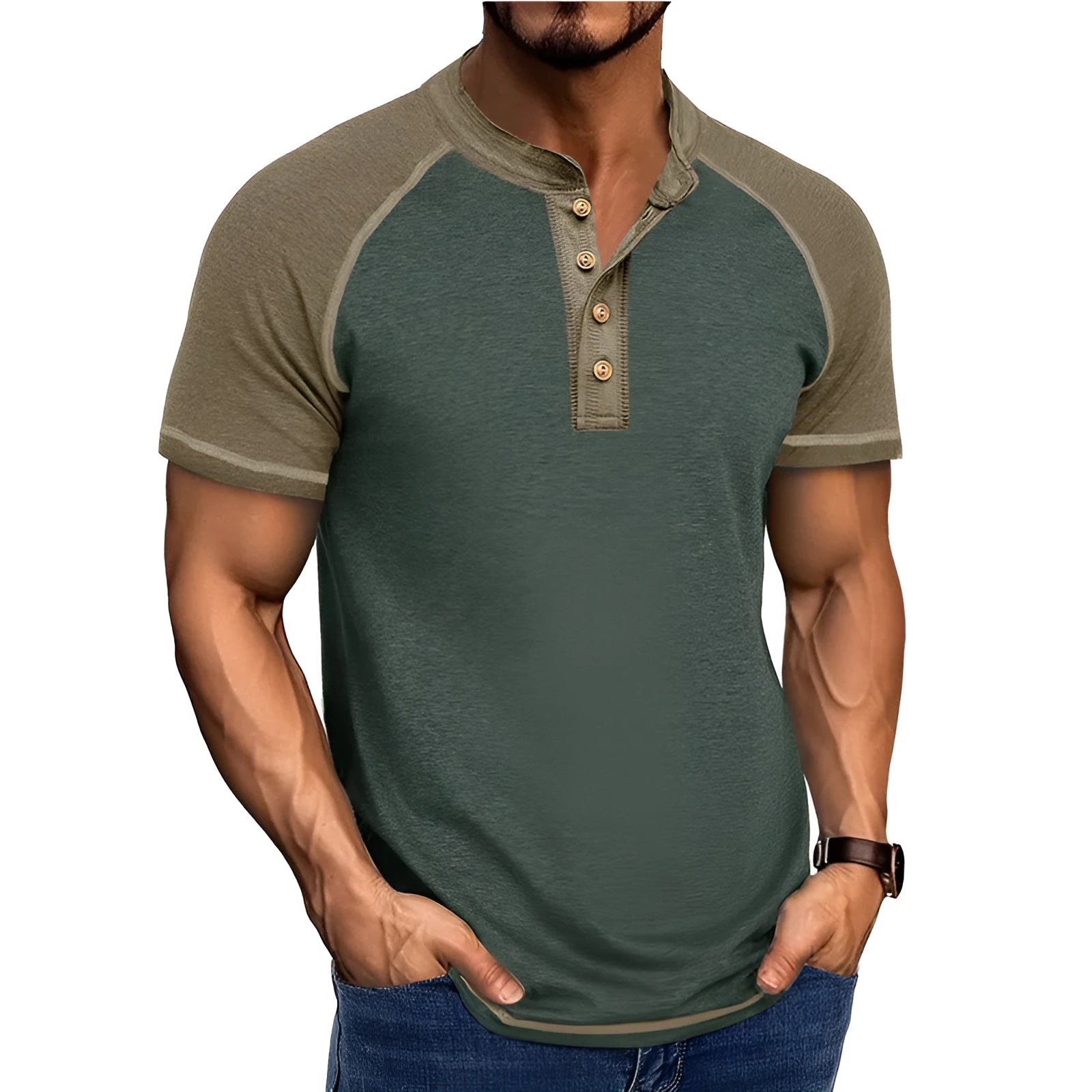 Men's solid colour short sleeve pullover top with raglan sleeves in a cotton blend fabric.