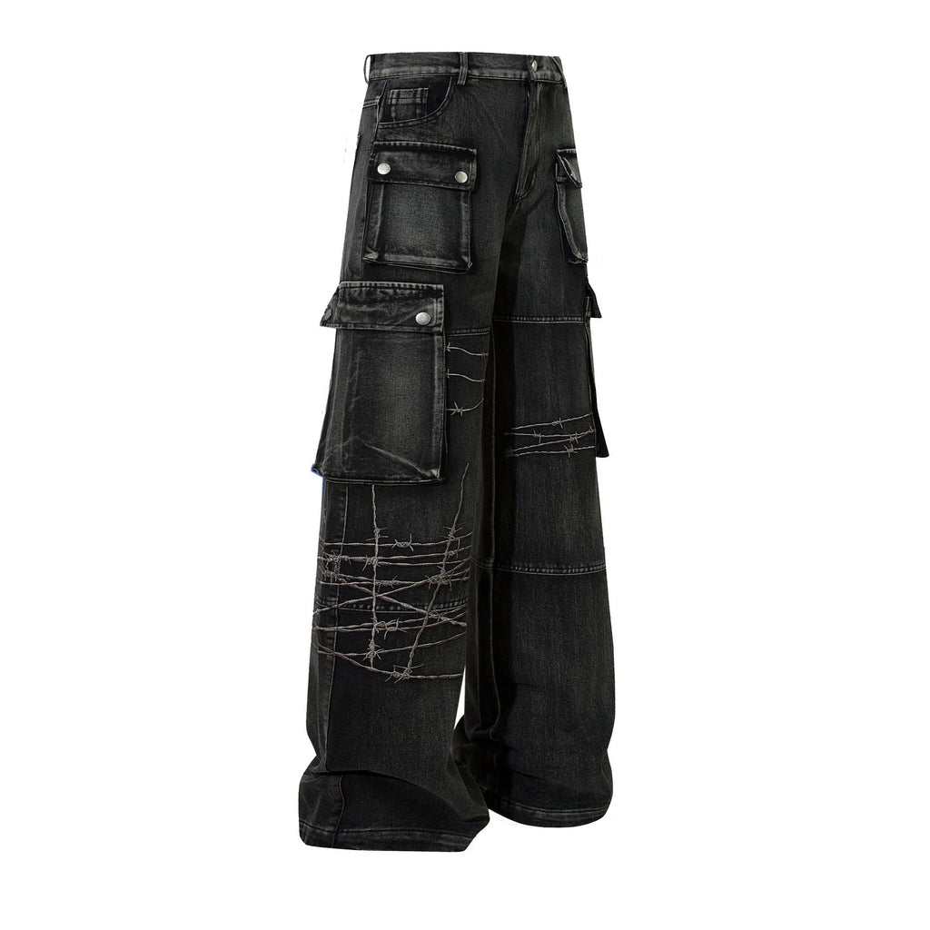 Men's black cotton wide-leg trousers with embroidery detailing and mid waist design
