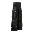 Men's black cotton wide-leg trousers with embroidery detailing and mid waist design