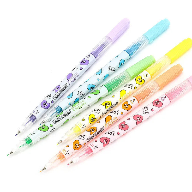 Six double-headed watercolour highlighters showing pink, orange, yellow, green, blue, and purple colours with plug-in caps