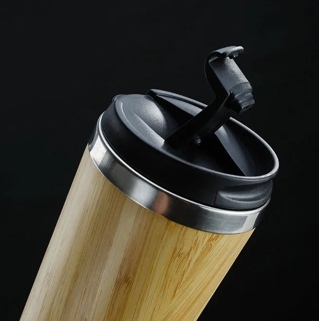 Bamboo insulated coffee cup with leak-proof lid and anti-slip foam pad