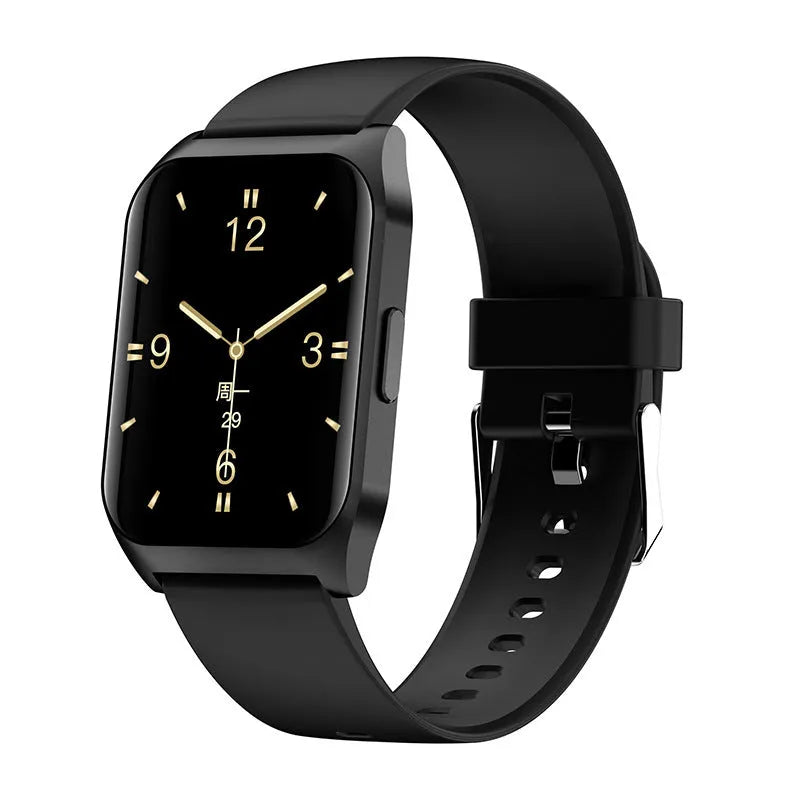 Black and silver smart watch with a colour screen on a silicone wristband, showing a heart rate and call interface.
