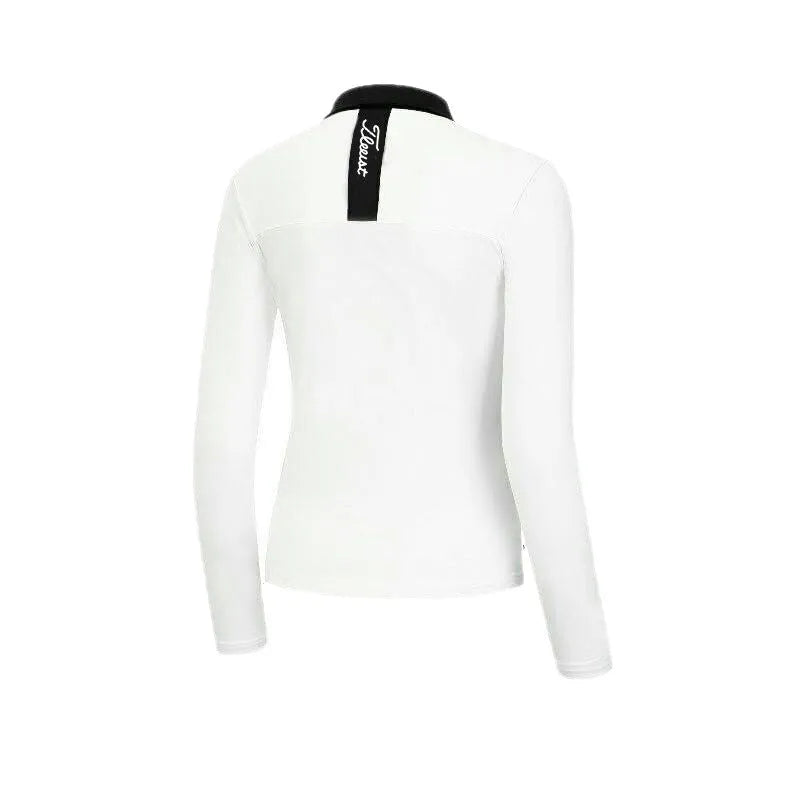 White women's long sleeve slim-fit polyester golf top for outdoor sports.
