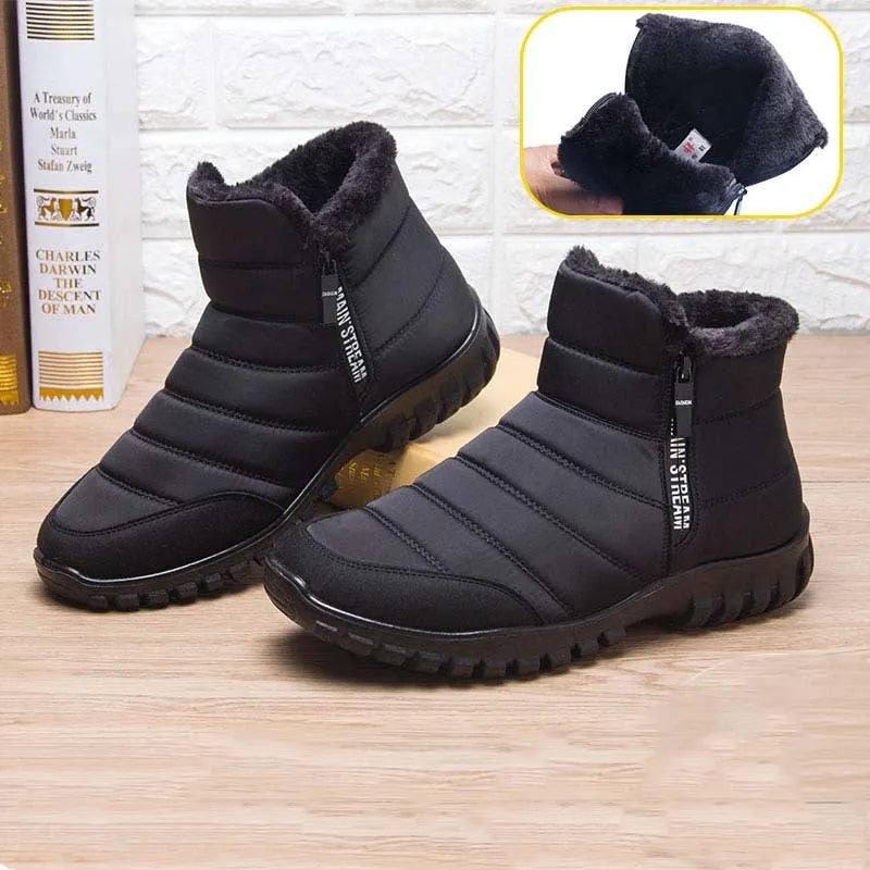 Men's waterproof winter boots in black with canvas upper, plush lining, side zip and flat polyurethane sole