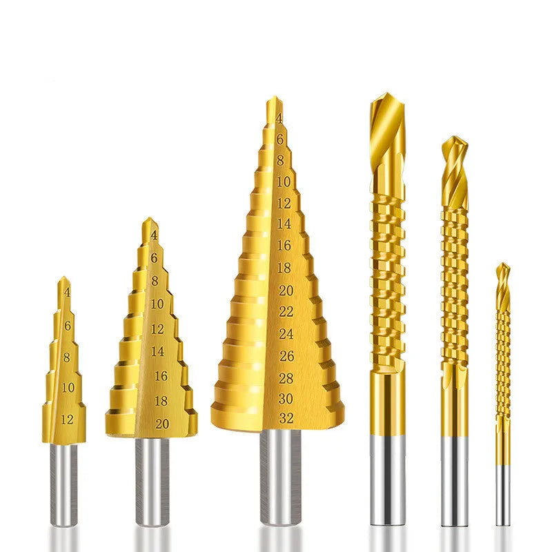 HSS steel cone drill bit and centre punch set for metalworking with step drill design