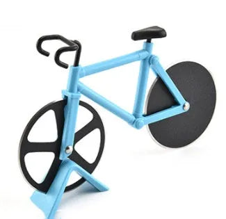 Bicycle shaped pizza cutter with stainless steel blade and ABS handle on white background