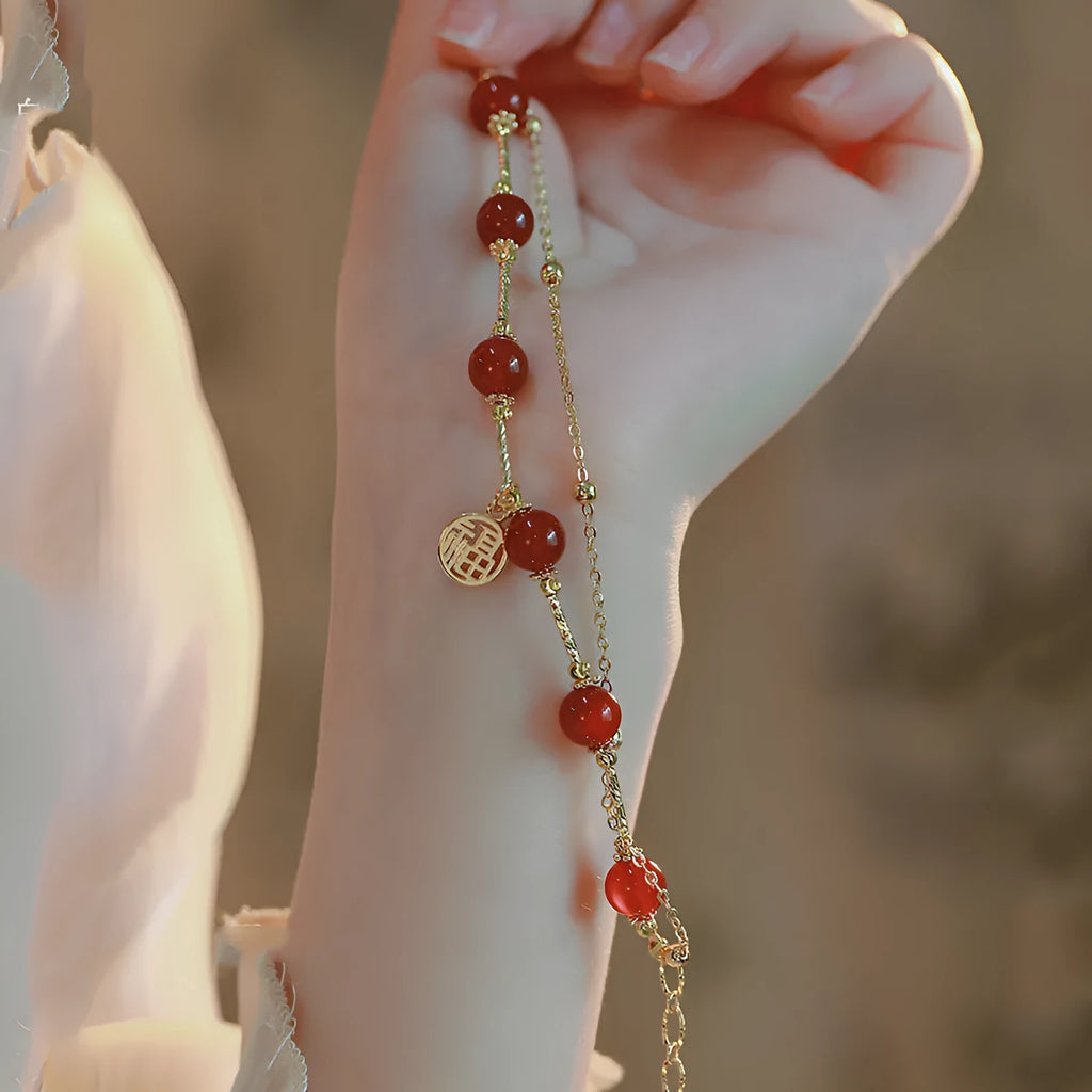 Red Agate bracelet with Red Horse blessing card motif on electroplated alloy double-layer design