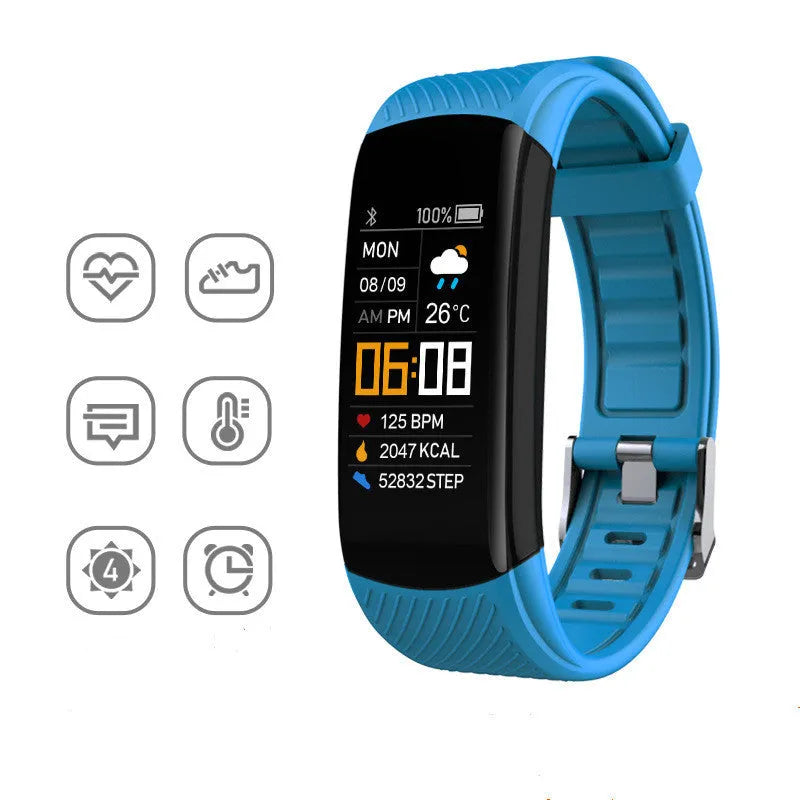 Adult sports silicone pedometer bracelet smart band with touchscreen on a wrist.