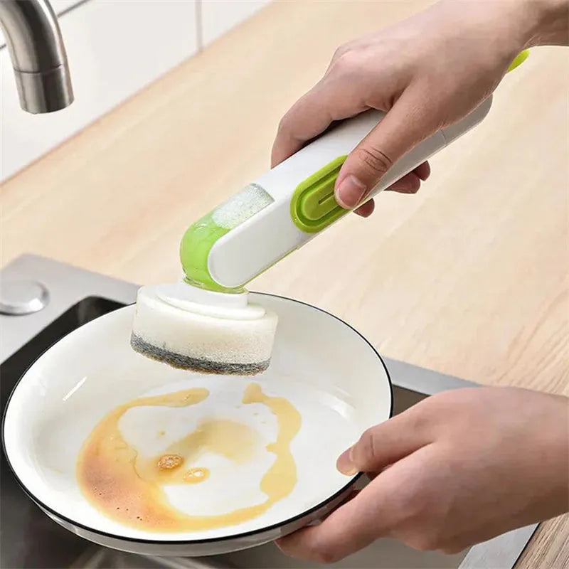 Long-handle kitchen cleaning brush with liquid dispenser and two brush heads in white and green