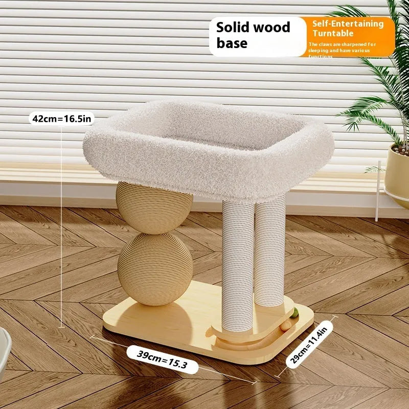 Solid pine cat bed with enclosed sides and two tall sisal scratching posts, featuring a reversible plush sleeping mat inside.