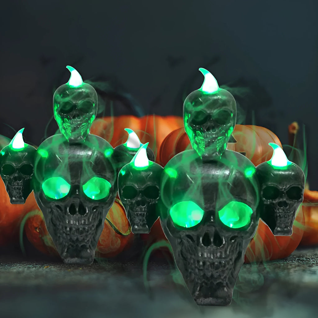 Halloween skull ornament with LED light flameless skeleton candle golden silver 14x12x9cm