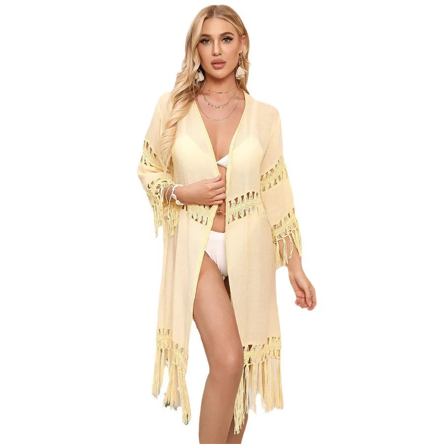 Hand-crocheted loose fit beach cover-up cardigan with tassels in water green