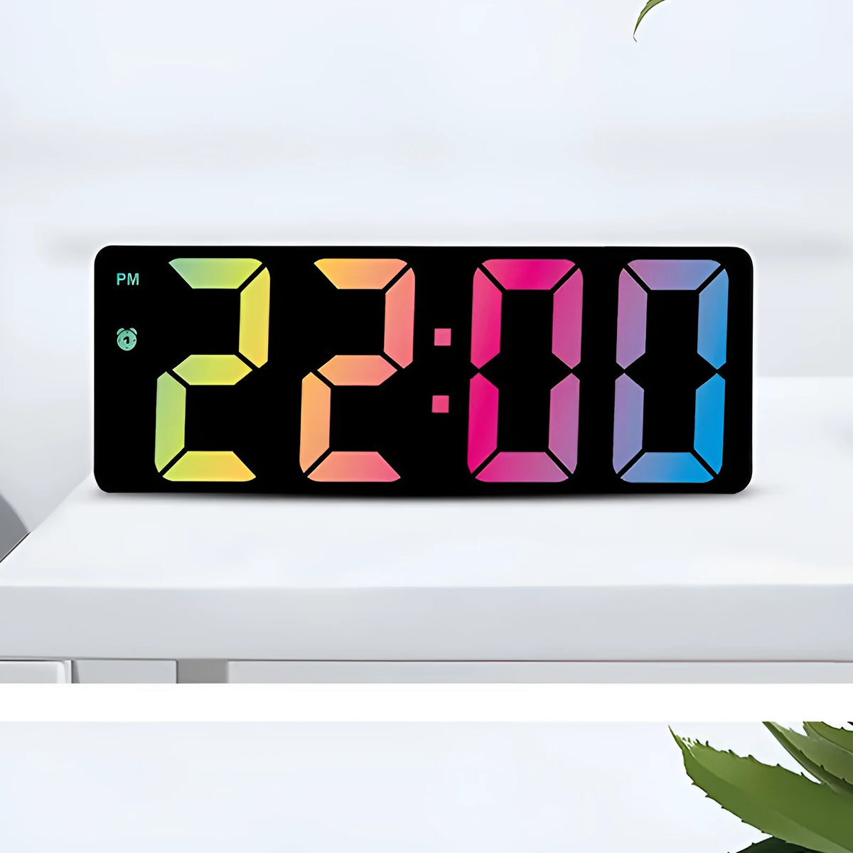 Electronic bedside clock with big screen and font in black plastic shell