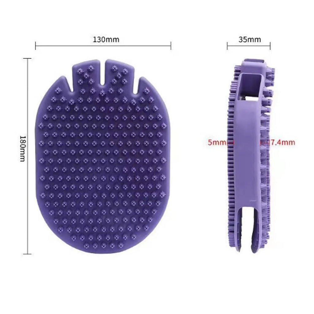 Purple dual-sided pet massage shampoo brush with soft TPR bristles for dog and cat grooming