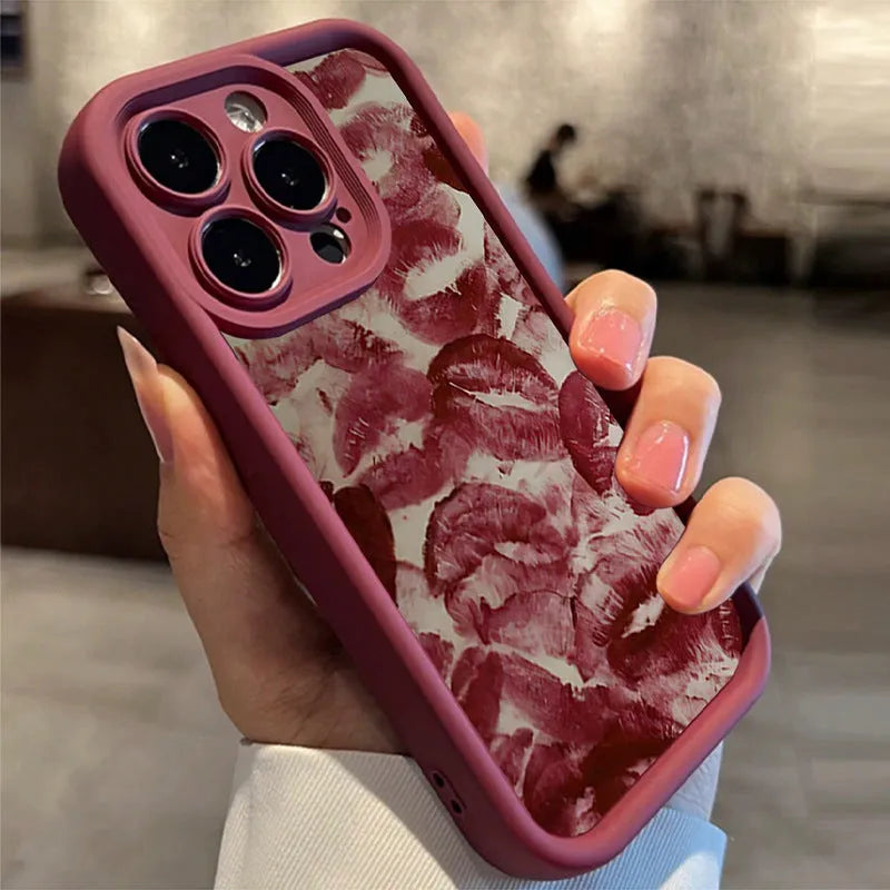 Wine red TPU phone case with red lip print frosted finish for Apple iPhone