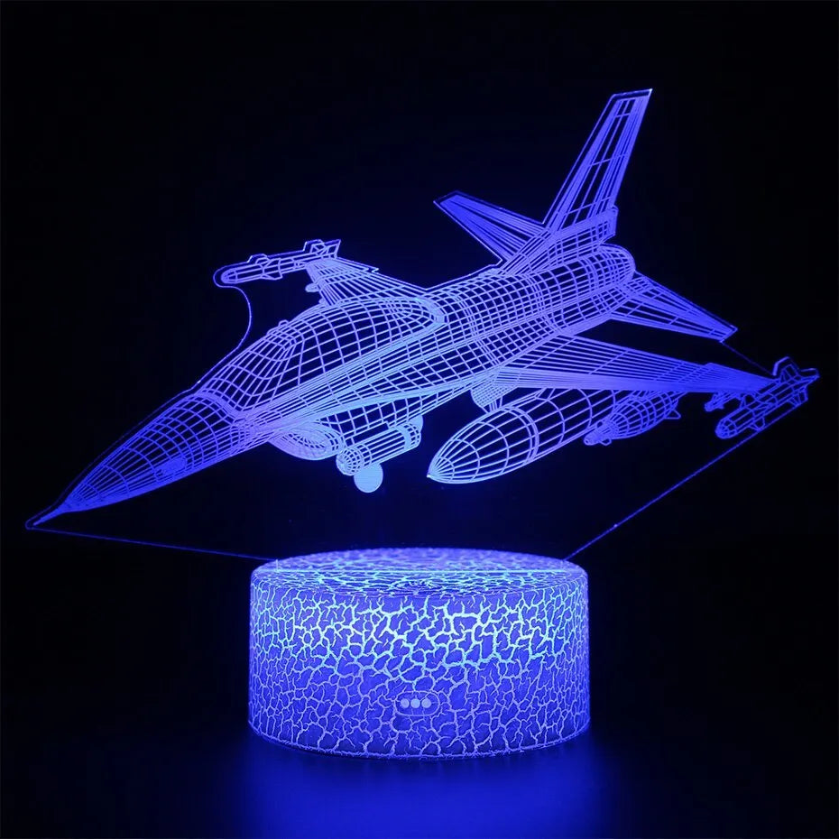 Cartoon aeroplane-shaped LED night light with touch-sensitive switch on acrylic panel.