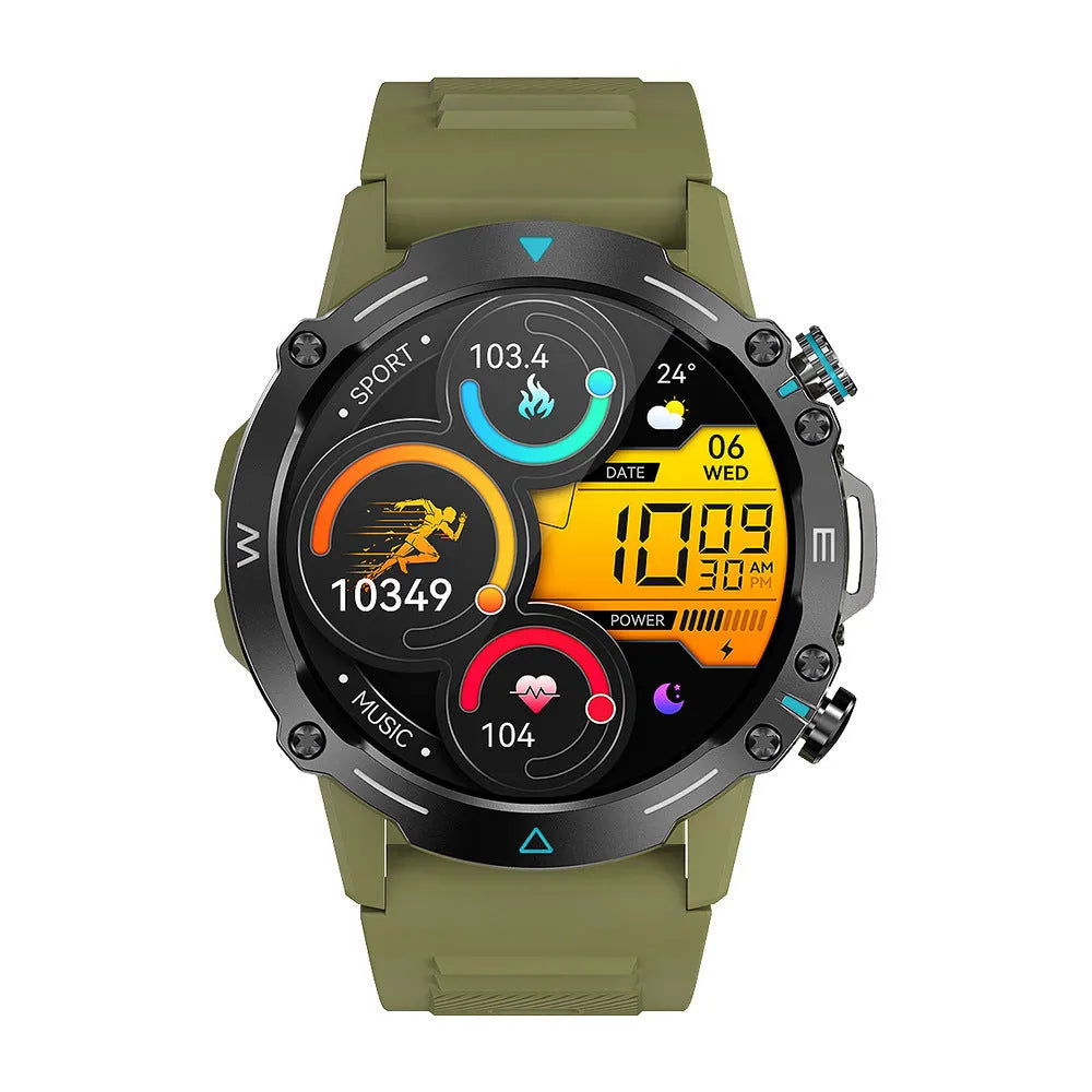 M42 smartwatch in black on wrist, showing AMOLED screen with fitness stats.