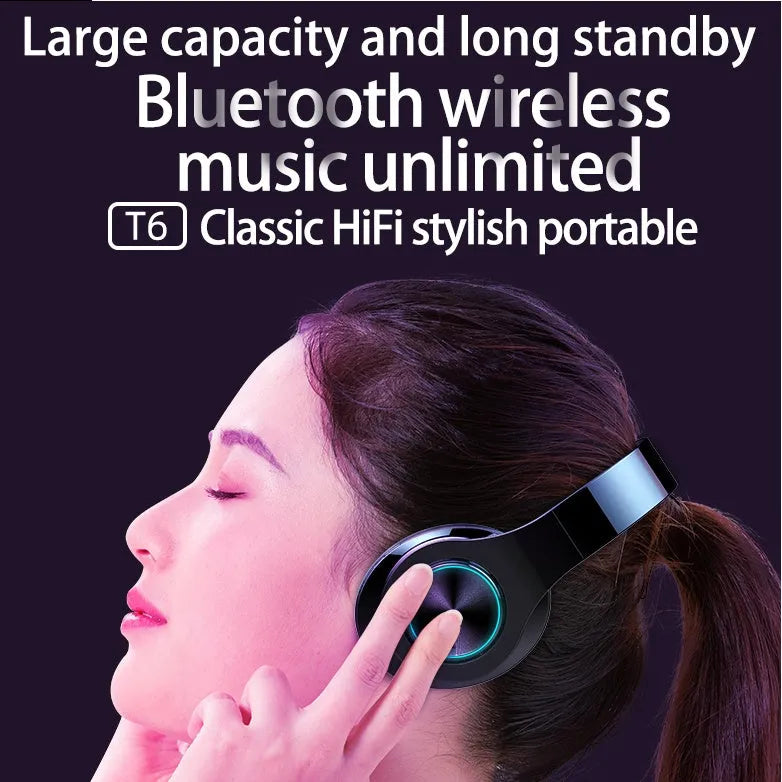 T6 wireless Bluetooth headset with microphone for hands-free calls and music.