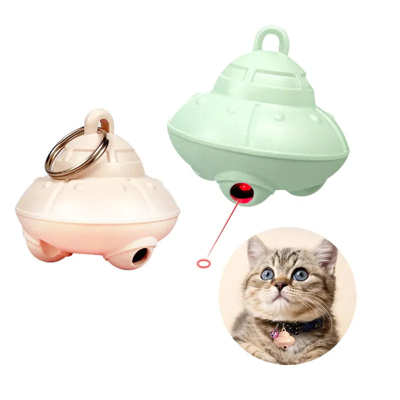 Green automatic cat laser toy attached to collar with USB charging port visible