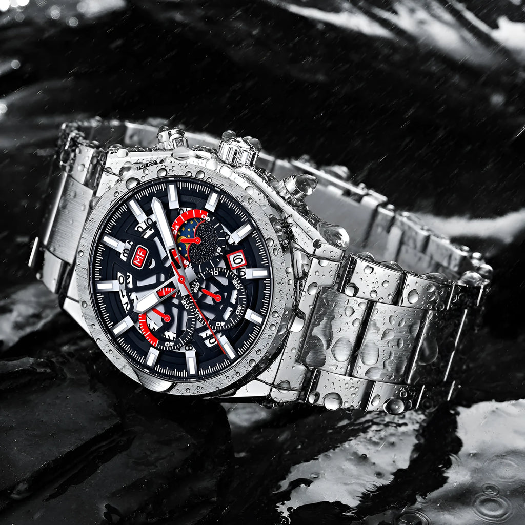 Men's business watch with quartz movement, luminous dial, calendar, 35.5mm diameter, and 30M waterproof rating