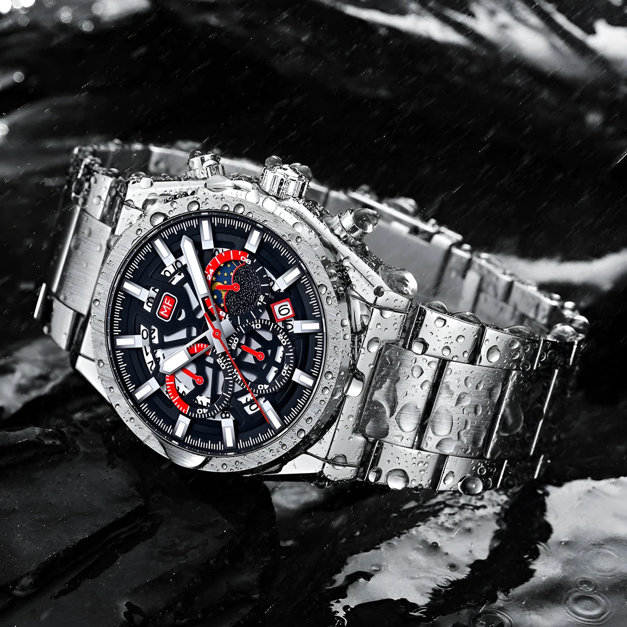 Men's business watch with quartz movement, luminous dial, calendar, 35.5mm diameter, and 30M waterproof rating