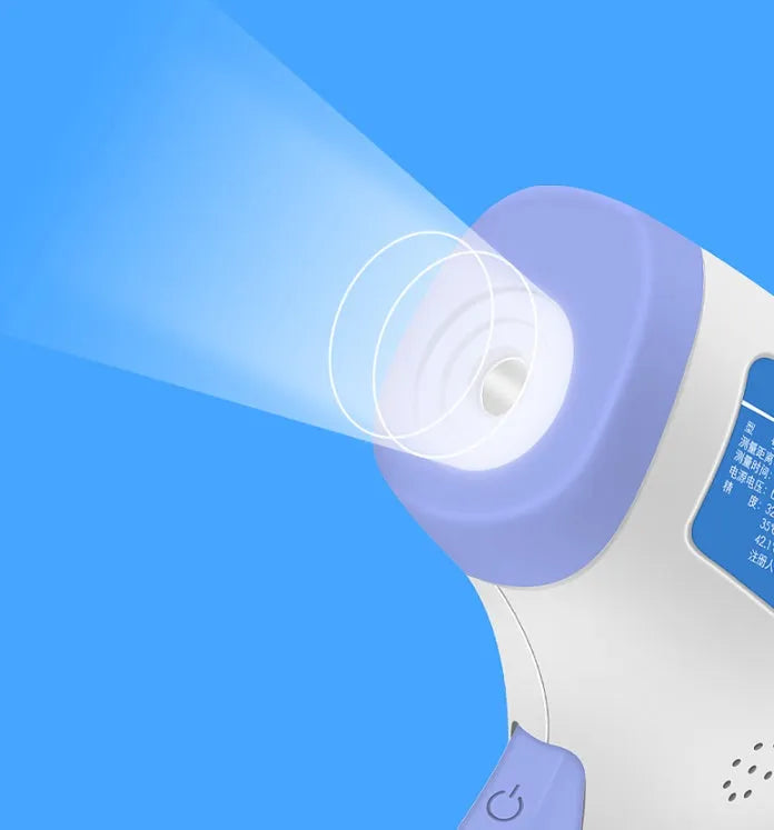 White non-contact infrared forehead thermometer RAK-FI03 on a plain background showing the sensor and display