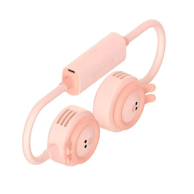 Pink leafless hanging neck fan showing compact folded design with USB port