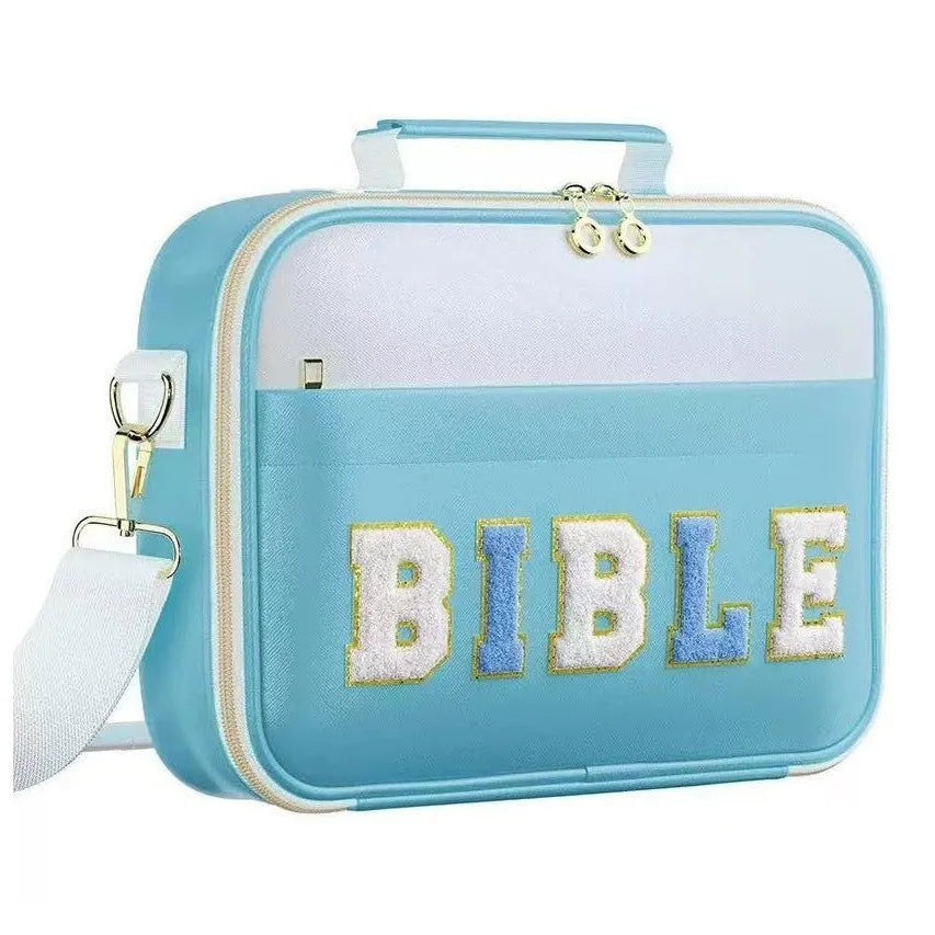 Light blue PU letter-print notebook storage bag measuring 30.5x23x6cm on a plain background