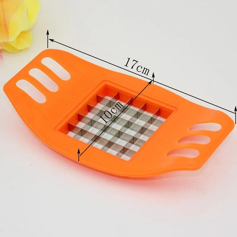 Manual potato cutter with stainless steel blades and non-slip rubber foot for French fry preparation