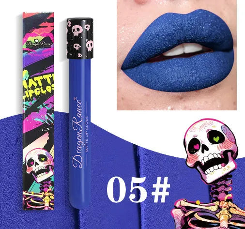 Halloween matte lip gloss in a test tube skull container showing gold and silver shades