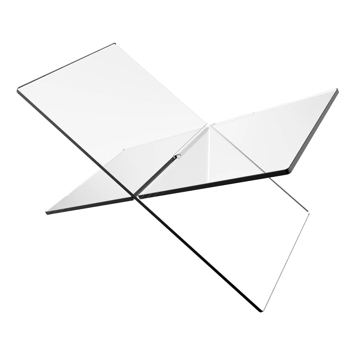 Clear acrylic X-shaped book display rack holding several upright books on a desk